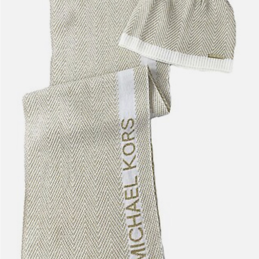 Michael Kors Beige and White Scarf and Hat Set